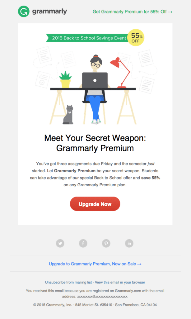 A back-to-school email example by Grammarly that shows a deal for 55% off of a yearly plan.
