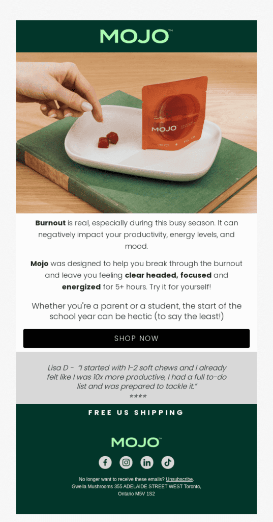A back-to-school email example by Mojo that shows gummies and explains how vitamin gummies help beat study fatigue.