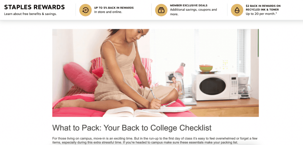 Back-to-college checklist for school supplies as a back-to-school marketing campaign by Staples.
