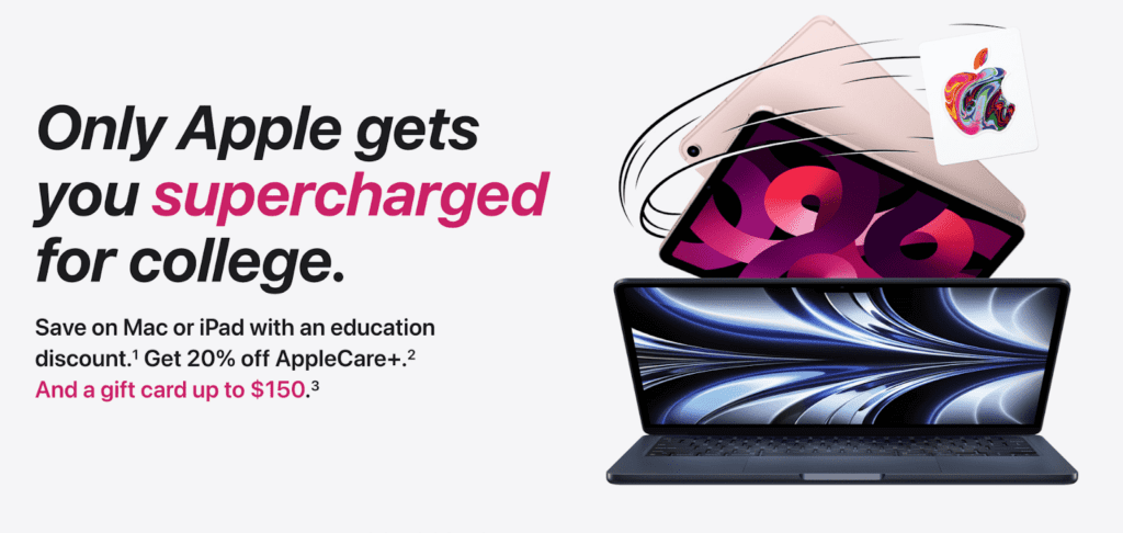 Back-to-school marketing campaign by Apple that shows a laptop for 20% off AppleCare and a gift card for students and teachers.