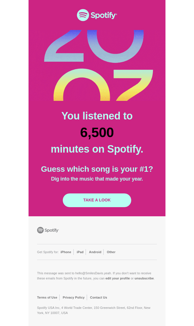 A personalized email by spotify showing how many songs the recipient listened to. 