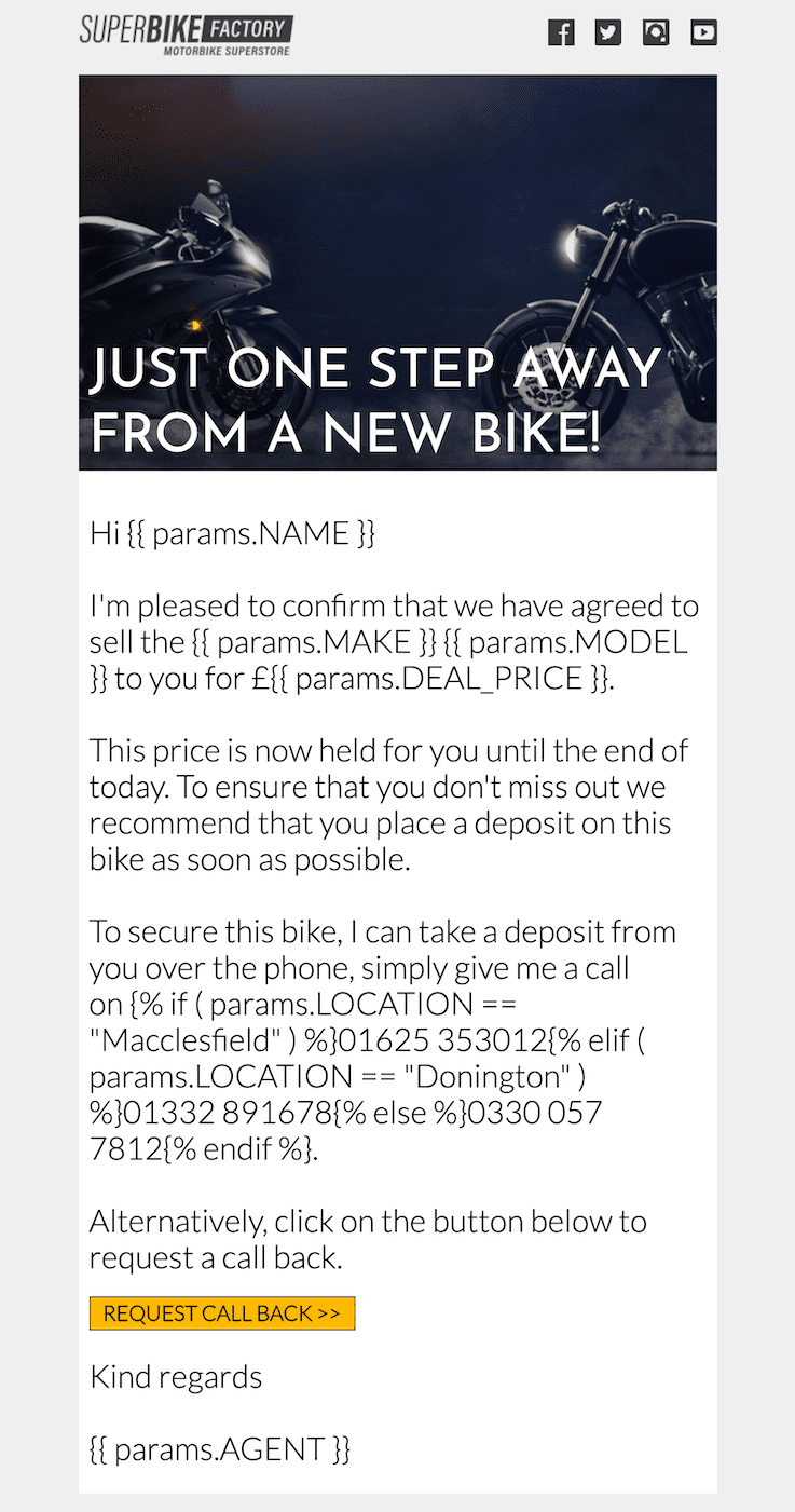 A personalized email template for marketing. It shows an offer for a bike and has dynamic fields to populate the recipient's name and item price. 