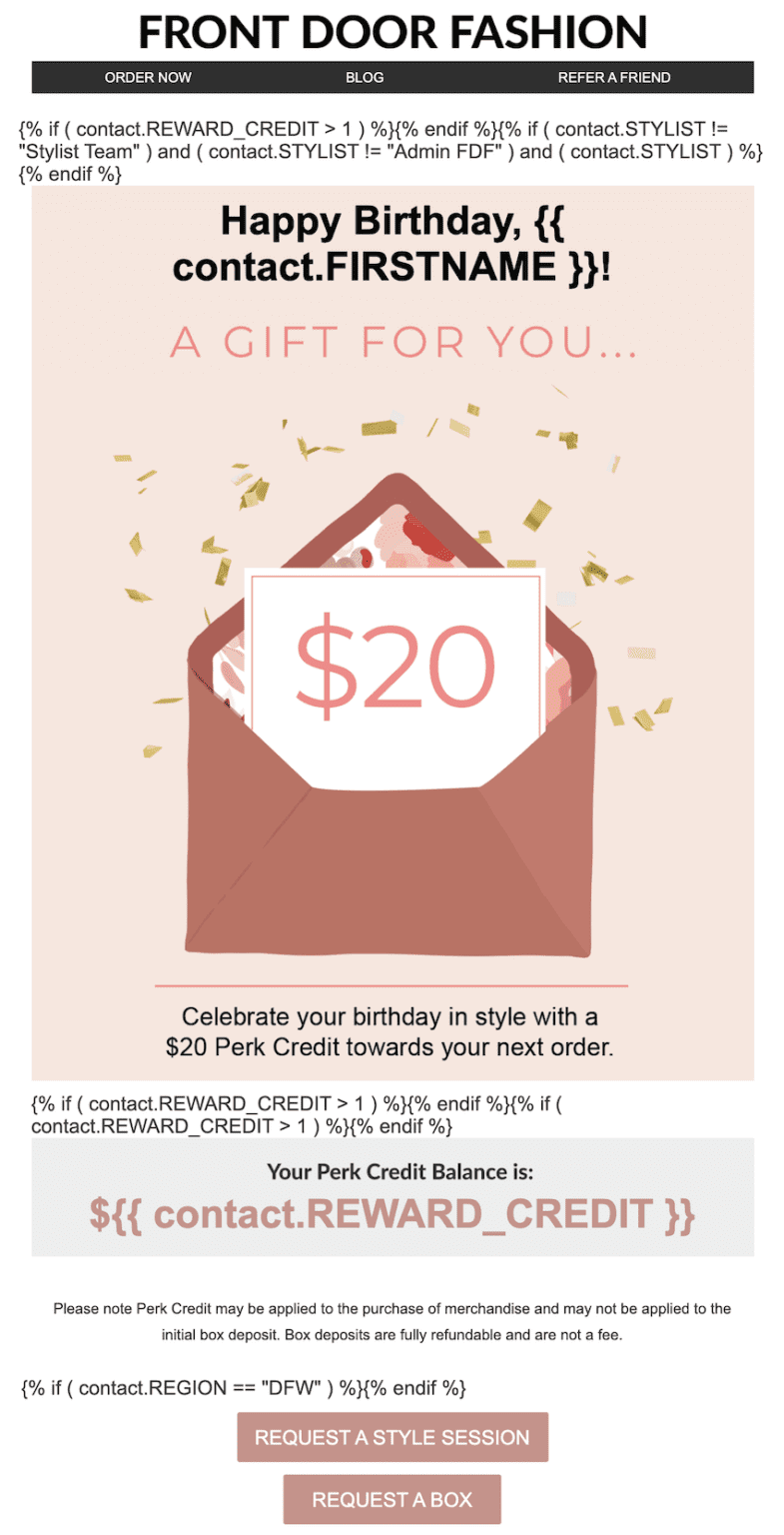 A happy birthday email personalization example. This shows an email with a pink background and an image of an envelope opening with sparkles saying "a gift for you". 