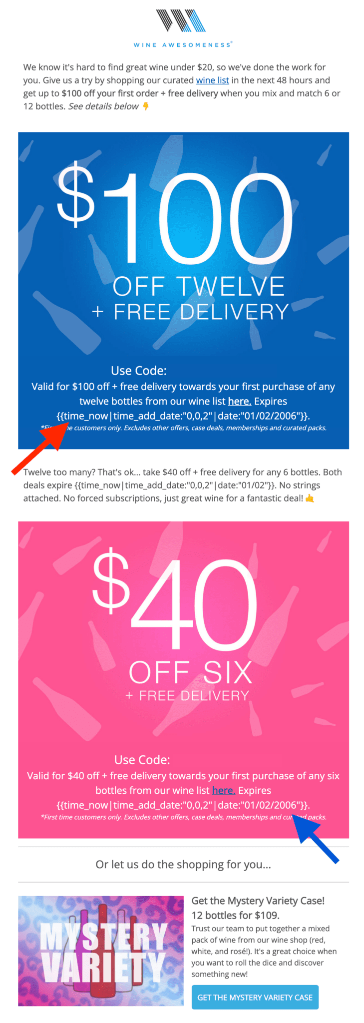 Personalized email marketing campaign for $100 dollars off of twelve wines. 