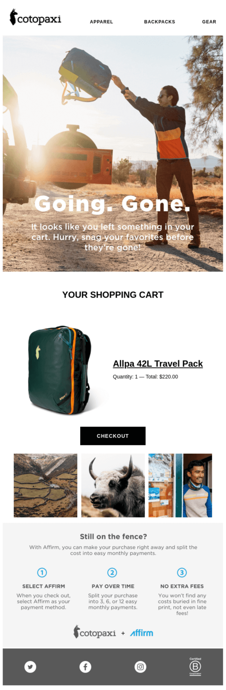 Email personalization examples for a backpack company. It shows a man tossing his backpack in a car and says "Going. Gone."