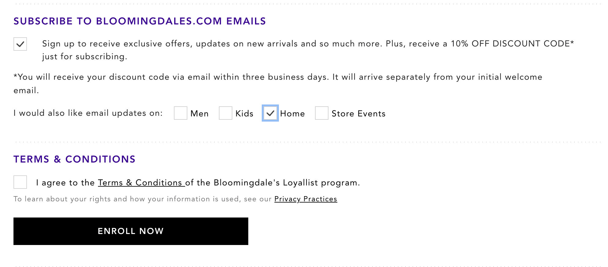 A signup form for Bloomingdale's email list for email marketing.