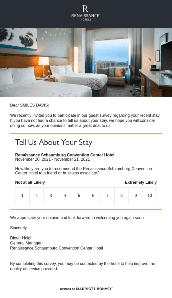 Marketing automation example - feedback request from Renaissance Hotels