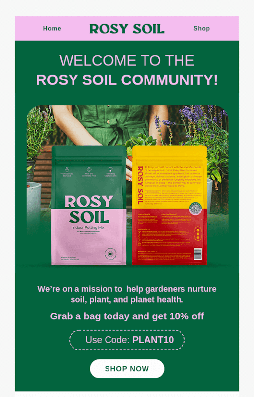 Marketing automation email example - welcome email from Rosy Soil