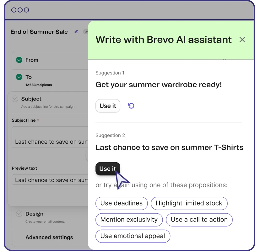 Email subject line suggestions by Brevo's built-in vAI assistant