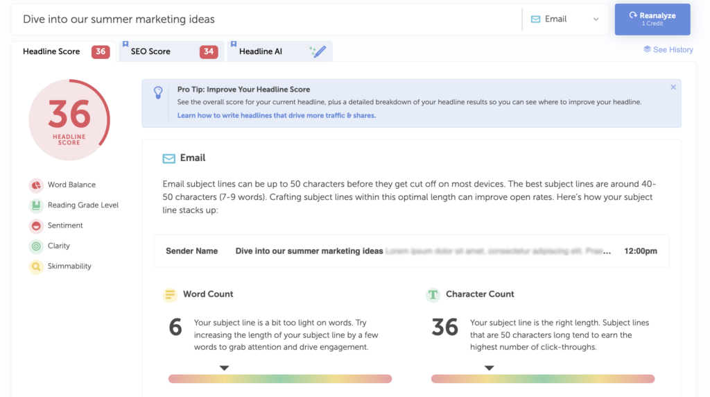 Email subject line score in Headline Analyzer by Coschedule