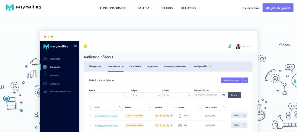 Easymailing, imagen de su interfaz de usuario. Herramienta de email marketing avanzada.
