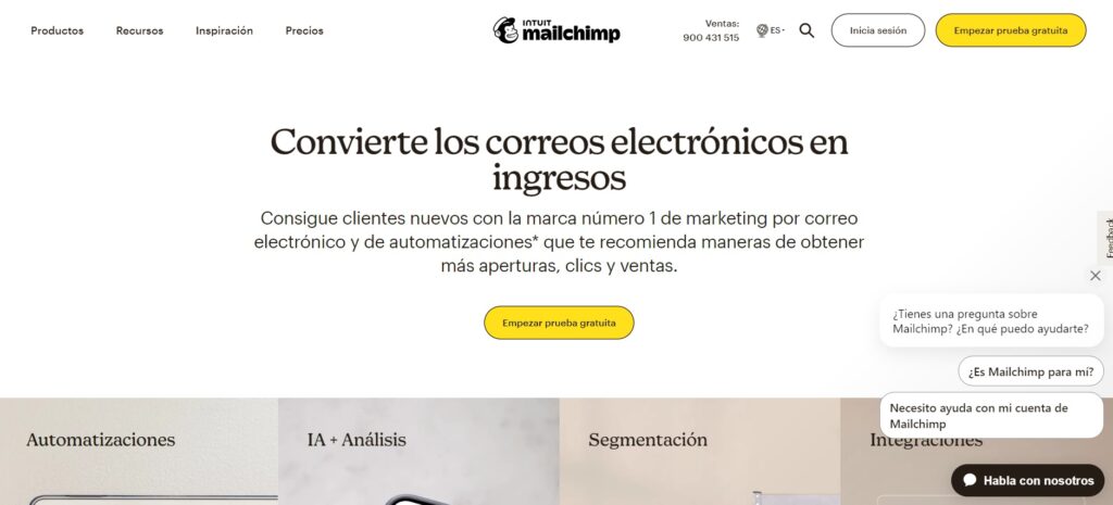 Homepage de mailchimp, herramienta de email marketing.