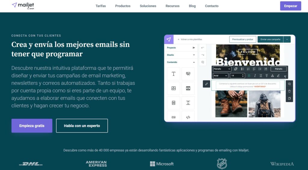 Captura de pantalla de mailjet, una de las mejores herramientas de email marketing.