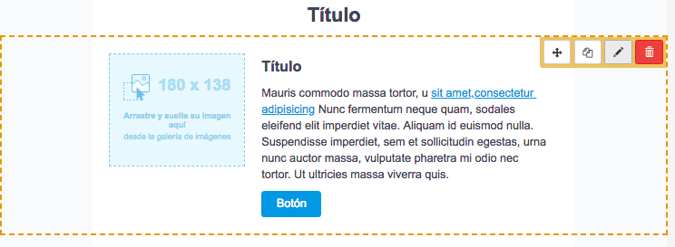 Captura de pantalla editor drag and drop de boletines o newsletters.