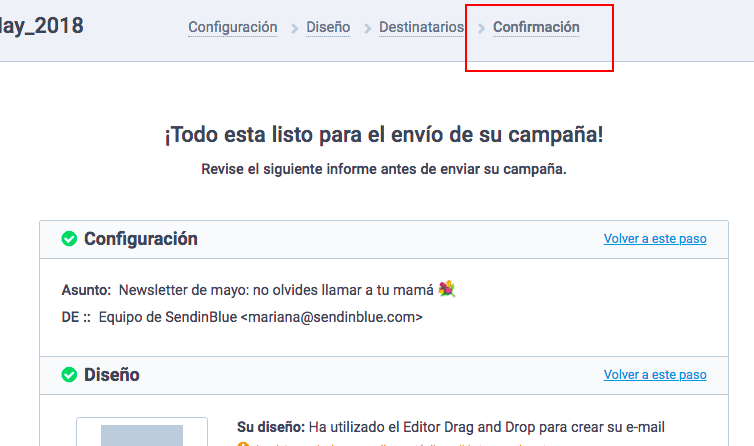 Paso 4: confirmación de envío de un boletín informativo.