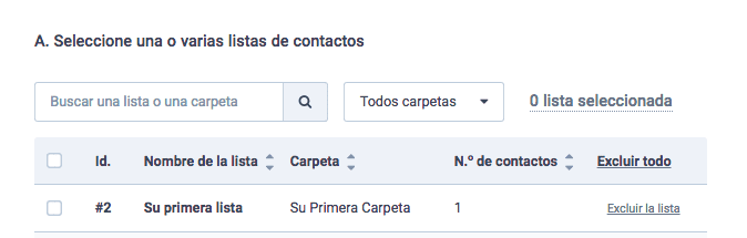 Opciones de listas de contactos de newsletters. Selección de destinatarios.