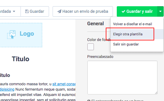 Menú de selección de plantillas de email.