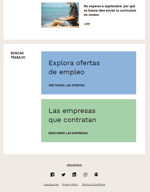 Sección de una newsletter, en la que se muestran ofertas de empleo.