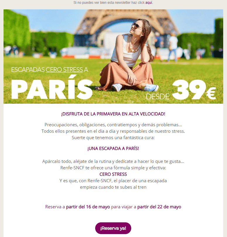 Newsletter sobre trayectos en tren de Madrid a París y viceversa.