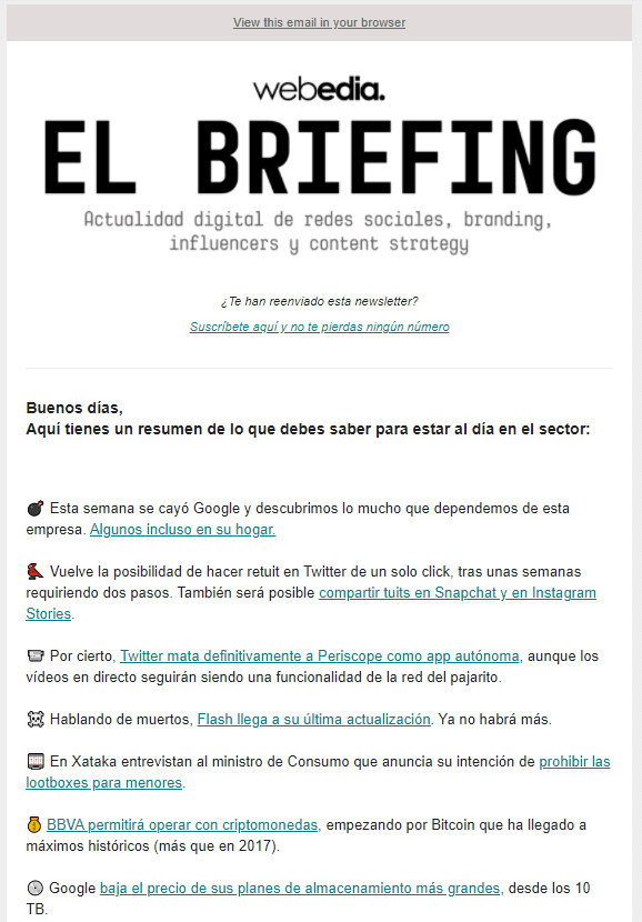 Boletín informativo de Webedia. Captura de pantalla.
