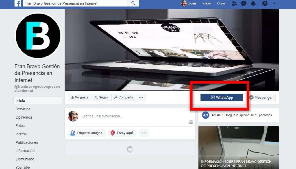 Captura de pantalla de perfil de Facebook, con botón de WhatsApp.