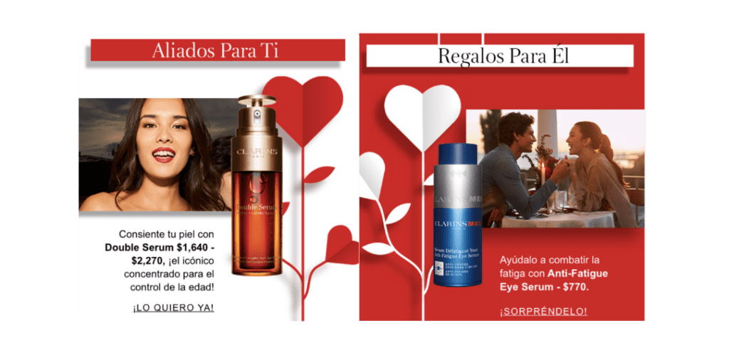 Una newsletter de San Valentin por la marca Clarins, con ejemplos de regalos para hombre y mujer.