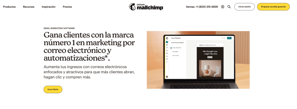 Captura de la web de Mailchimp, herramienta de email marketing.