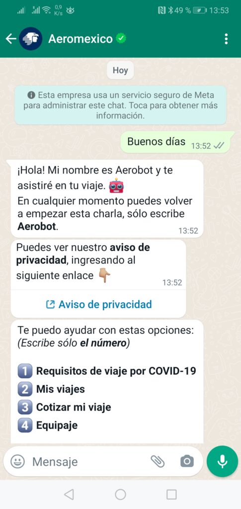 Ejemplo de chatbot con una empresa.