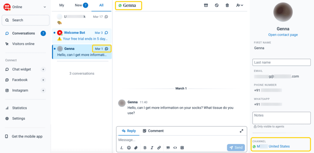 Captura de pantalla de cómo usar la API de WhatsApp en Conversaciones, herramienta de para atención al cliente.
