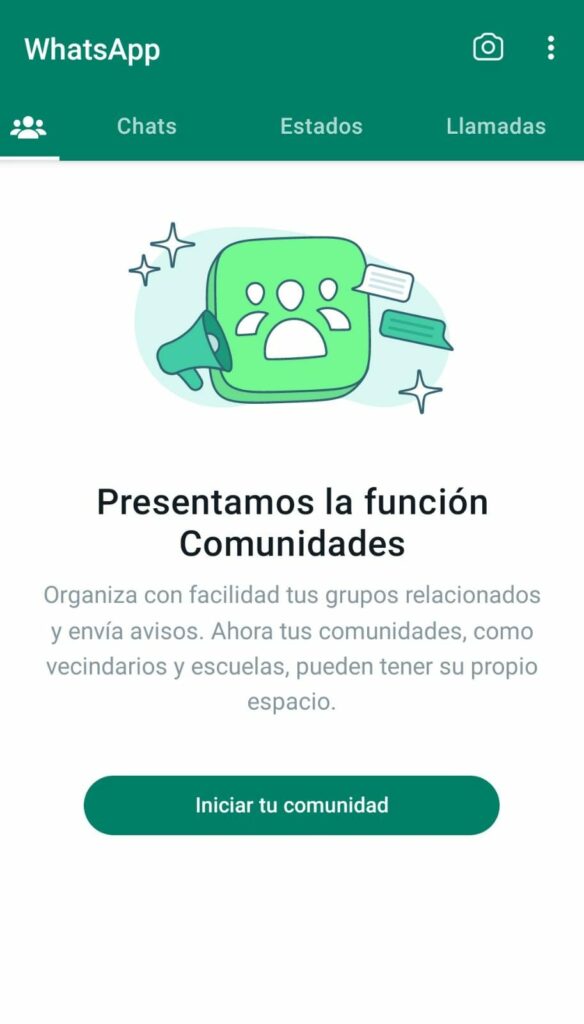 Visualización de la nueva pestaña de comunidades de WhatsApp.