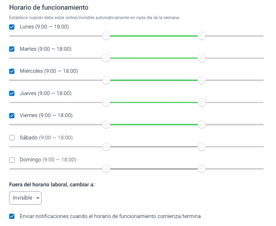 Ajustes de horario de un chatbot.