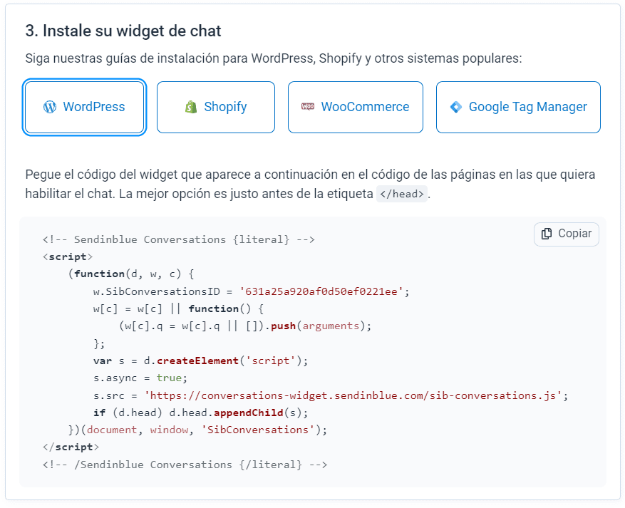 Instalación de un widget de chat.