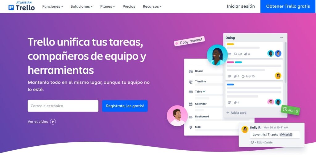 Homepage Trello - ejemplo de software de gestión de proyectos.
