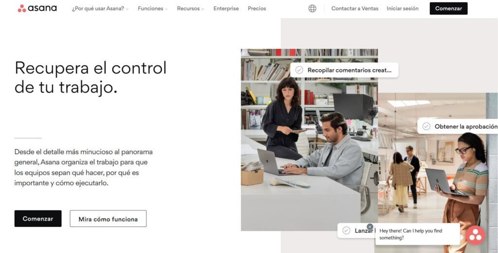 Captura de pantalla de Asana, herramienta de gestión de proyectos.