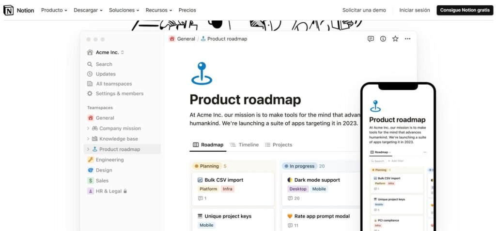 Notion, herramienta para gestionar proyectos, captura de pantalla.