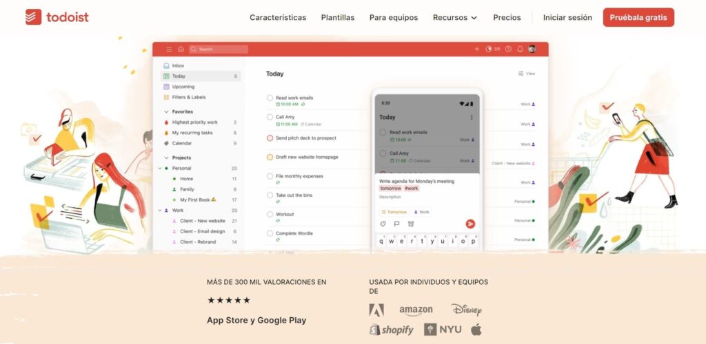Todoist, herramienta para gestión de un proyecto. Captura de pantalla.