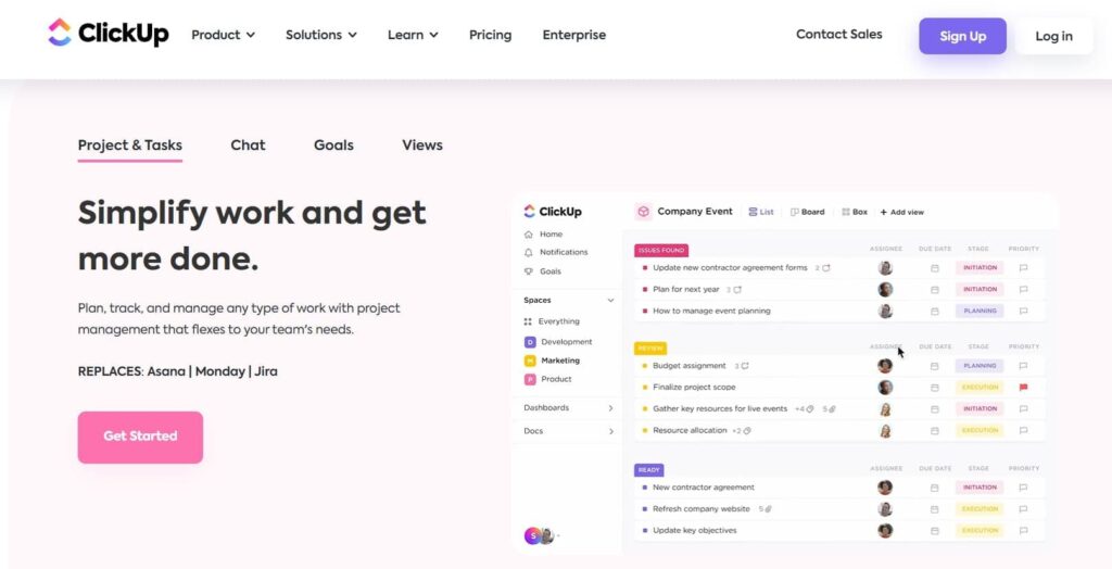 ClickUp, captura de pantalla de su interfaz. Herramienta gestión proyectos.