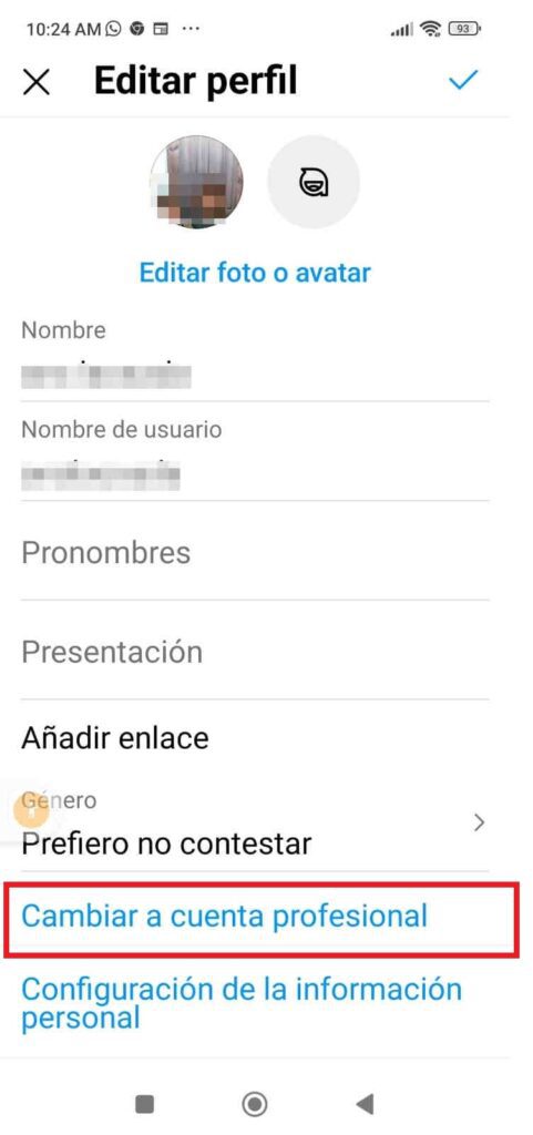 Cambiar a cuenta profesional de Instagram