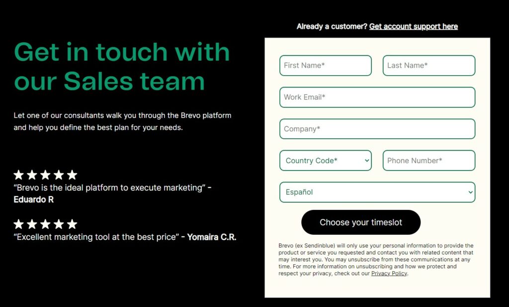 Ejemplos de formularios de contacto Brevo Ventas