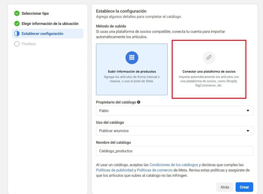 Instagram para negocios: Meta Commerce - Conectar con plataforma de socios
