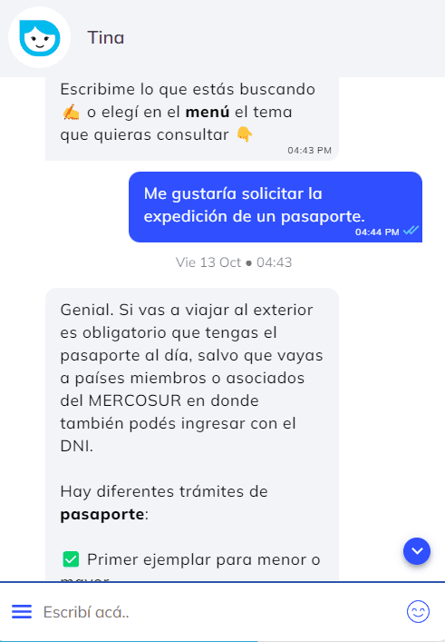 Ejemplo asistente virtual: Tina.