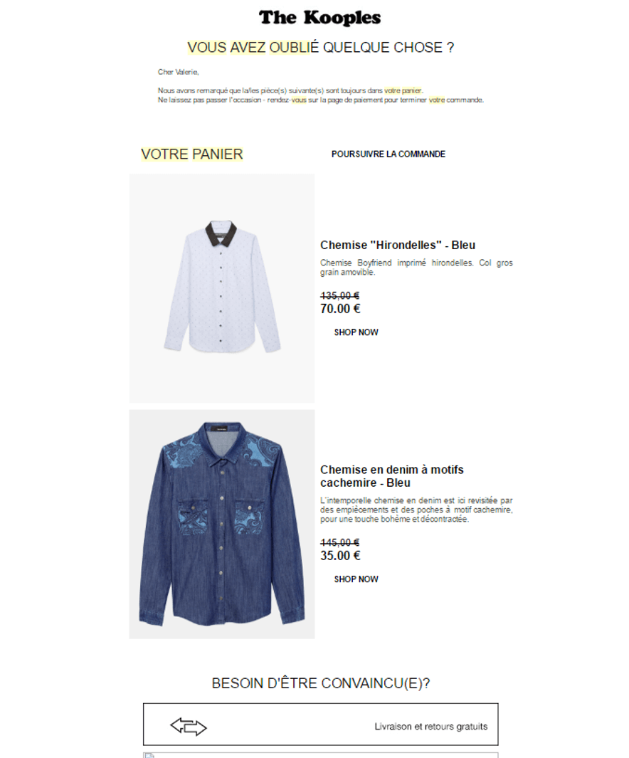 Email abandon panier Email de relance panier The Kooples