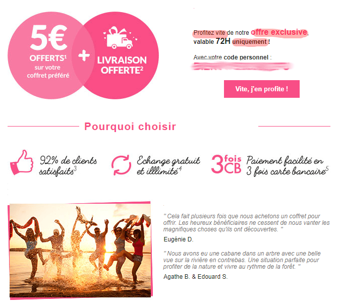 Dans cet email, l'accumulation de spam words en début de texte l'a fait classer en spam. Suite de l'email promotionnel passé en spam