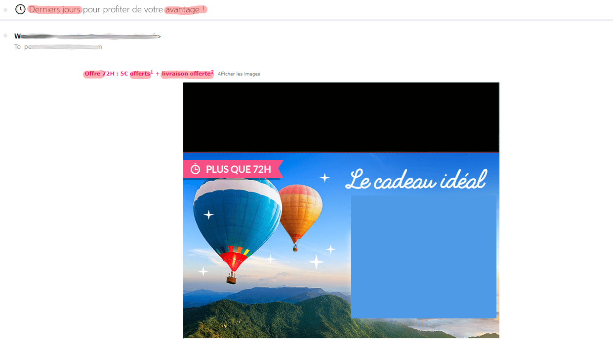 Dans cet email, l'accumulation de spam words en début de texte l'a fait classer en spam. Un email promotionnel passé en spam