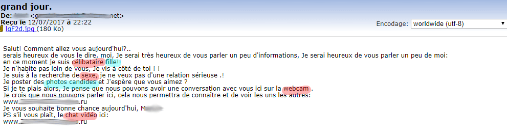 Dans cet email, les spam words sont suffisamment dilués pour passer la détection des spams. Un spam passé en boite de réception principale