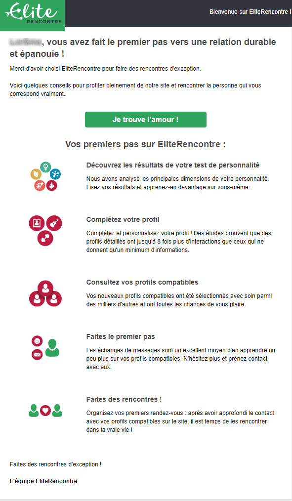 Emails et newsletters de sites de rencontres : email d'onboarding d'elite rencontre