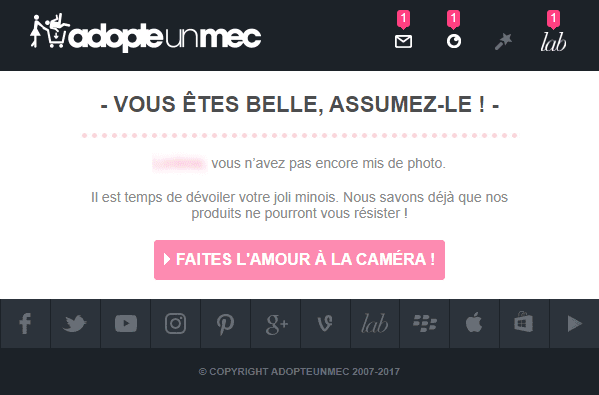 Emails et newsletters de sites de rencontres : email d'onboarding d'adopte un mec