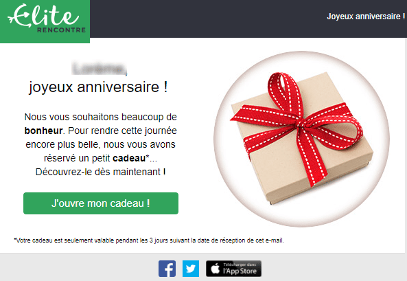 Emails et newsletters de sites de rencontres : email d'anniversaire d'elite rencontre