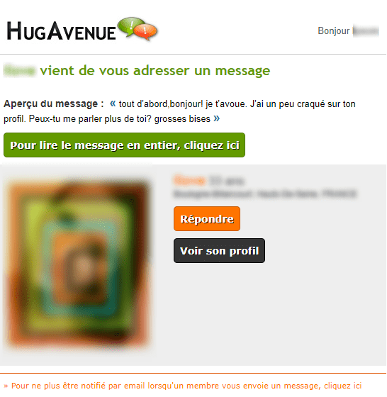Emails et newsletters de sites de rencontres : email de notification de hug avenue