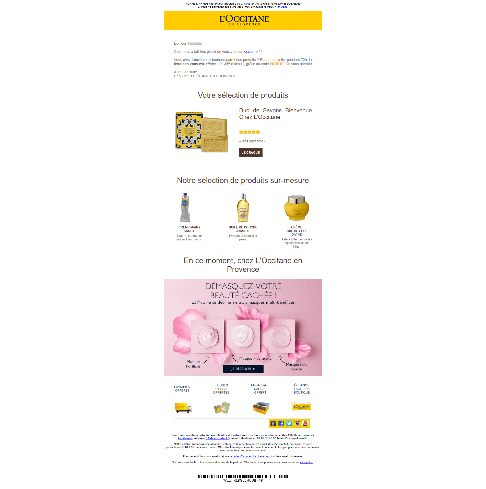 L'occitane en Provence offre des produits complémentaires a l'achat Email relance panier abandonné : l'exemple de L'Occitane